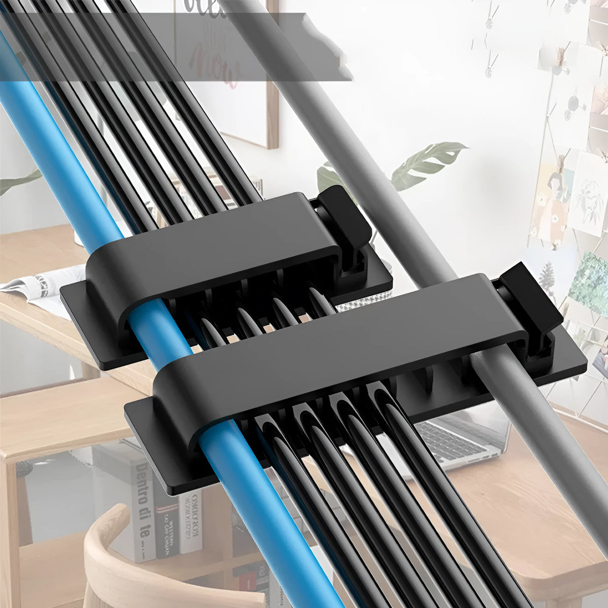 Self-adhesive plastic cable organizer clips in black or white with 1, 5, or 8 holes for charging and power cables