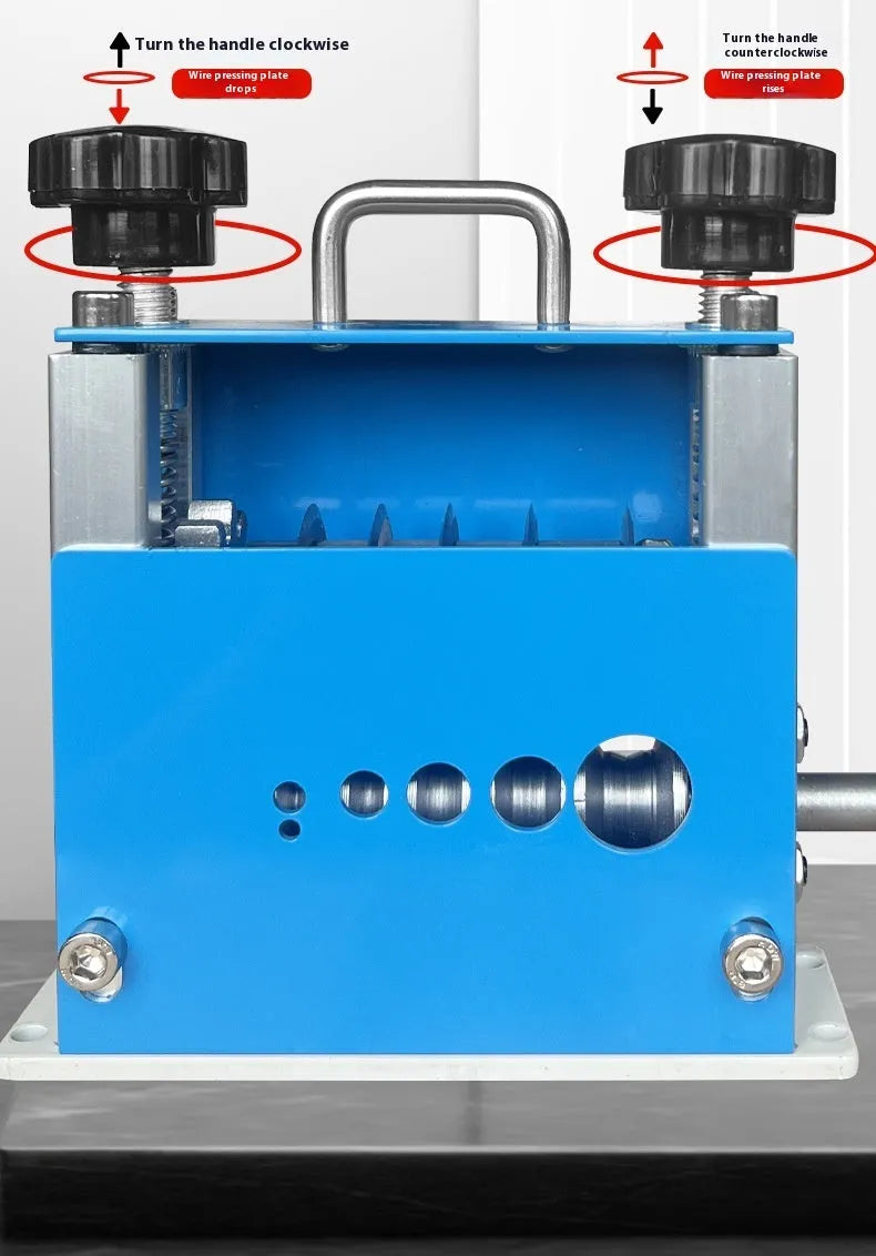 SD-017 manual wire stripping machine tool on a workbench, showing adjustable mechanism and compact 154mm steel body.