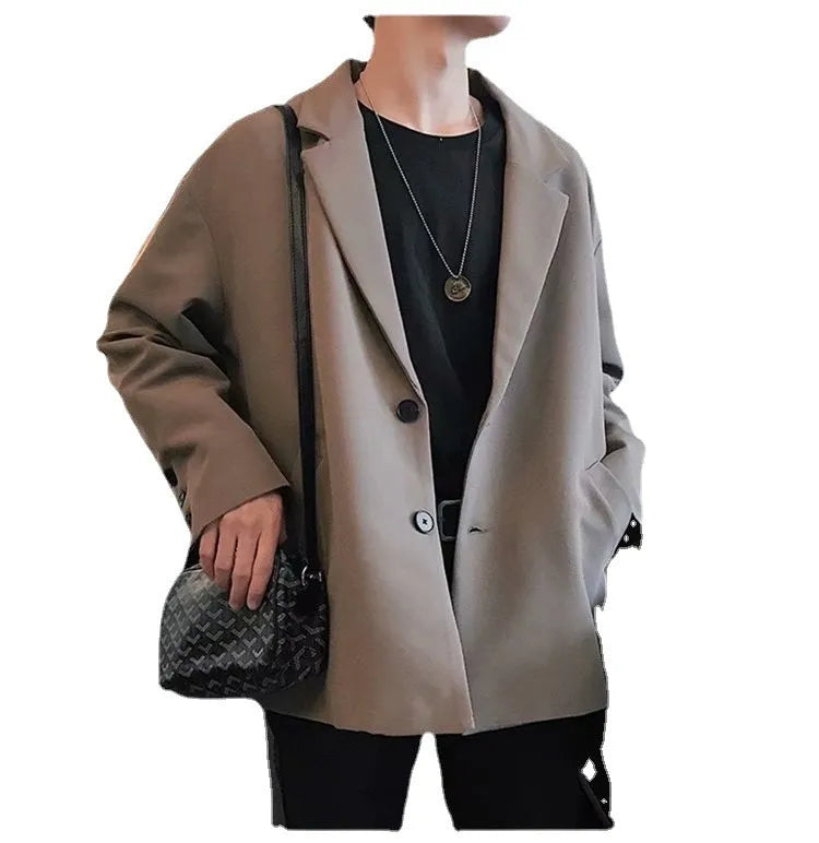 Casual men's loose thin suit jacket in black cotton blend, long sleeves, Korean style for spring autumn