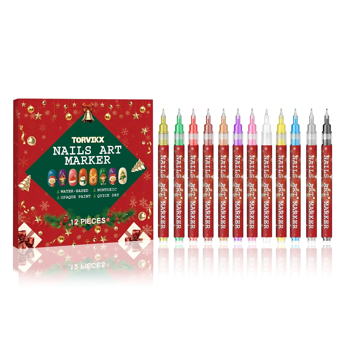 Christmas manicure graffiti pen set of 12 with red, yellow and blue colour lakes for festive nail art