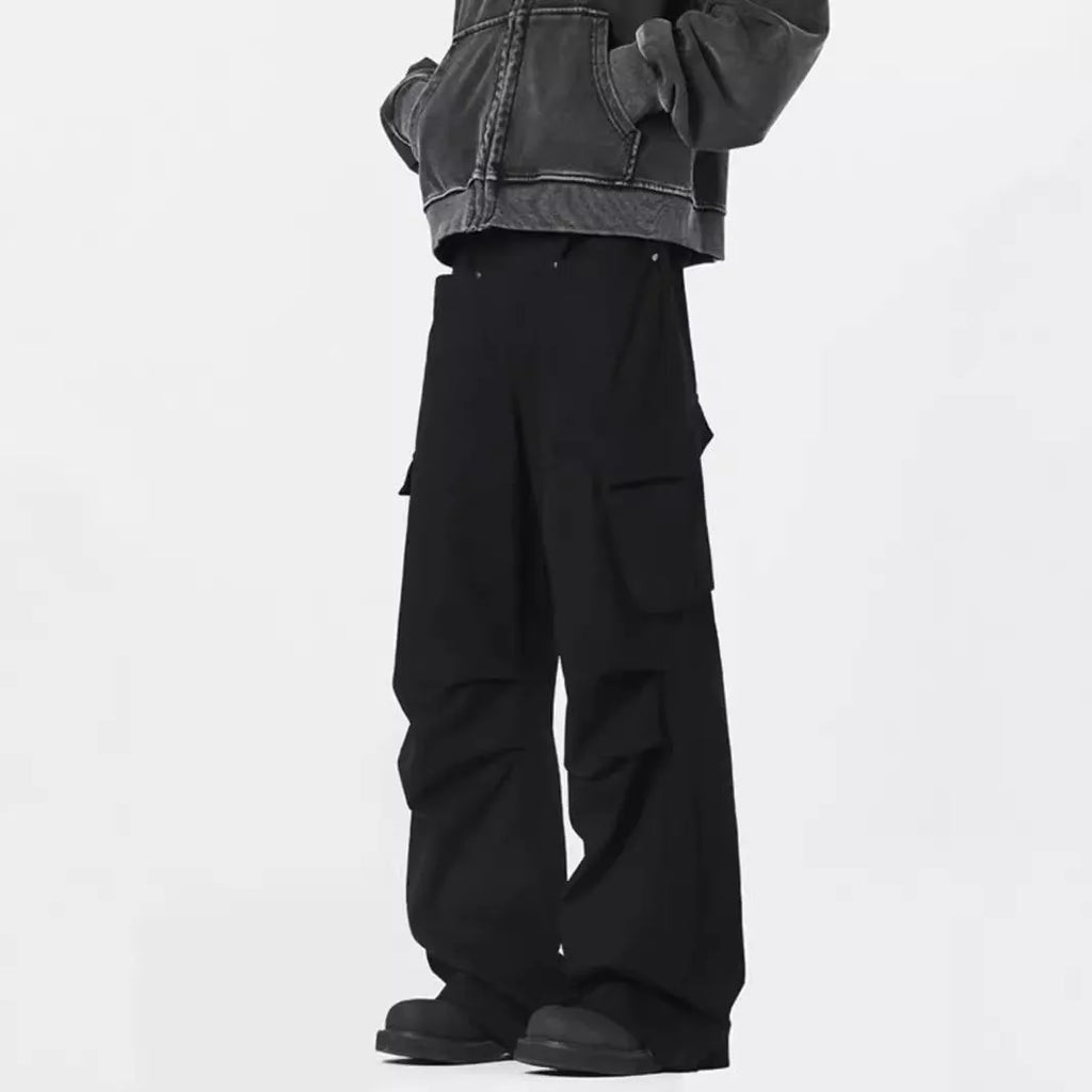 Men's straight leg casual trousers in black with high waist design and cardigan button fly