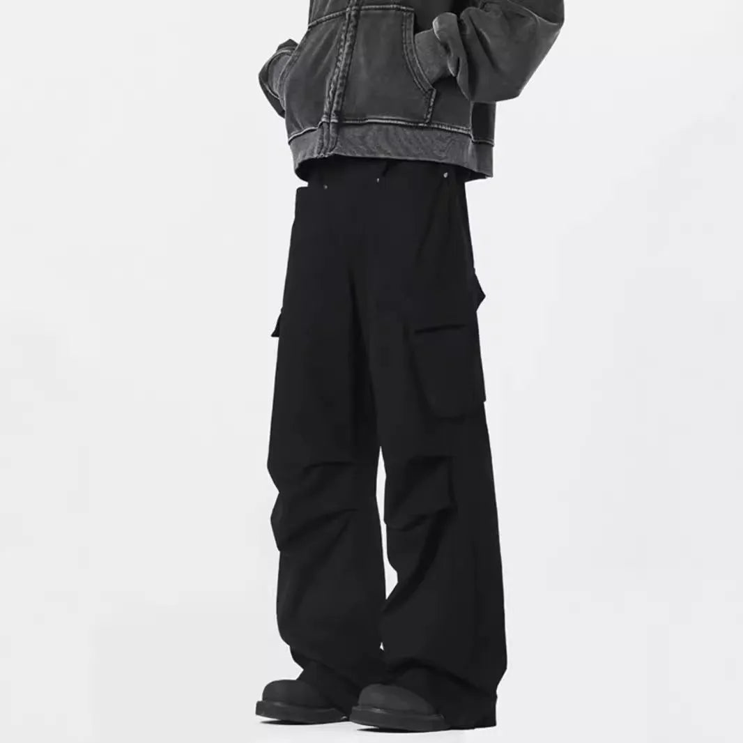 Men's straight leg casual trousers in black with high waist design and cardigan button fly