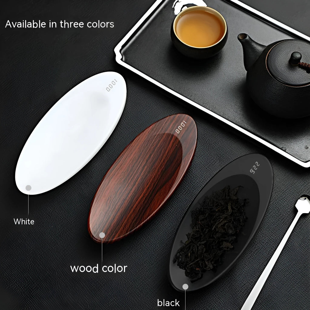 Electronic tea scale with wooden body, digital display, 200g range, and tea spoon accessory