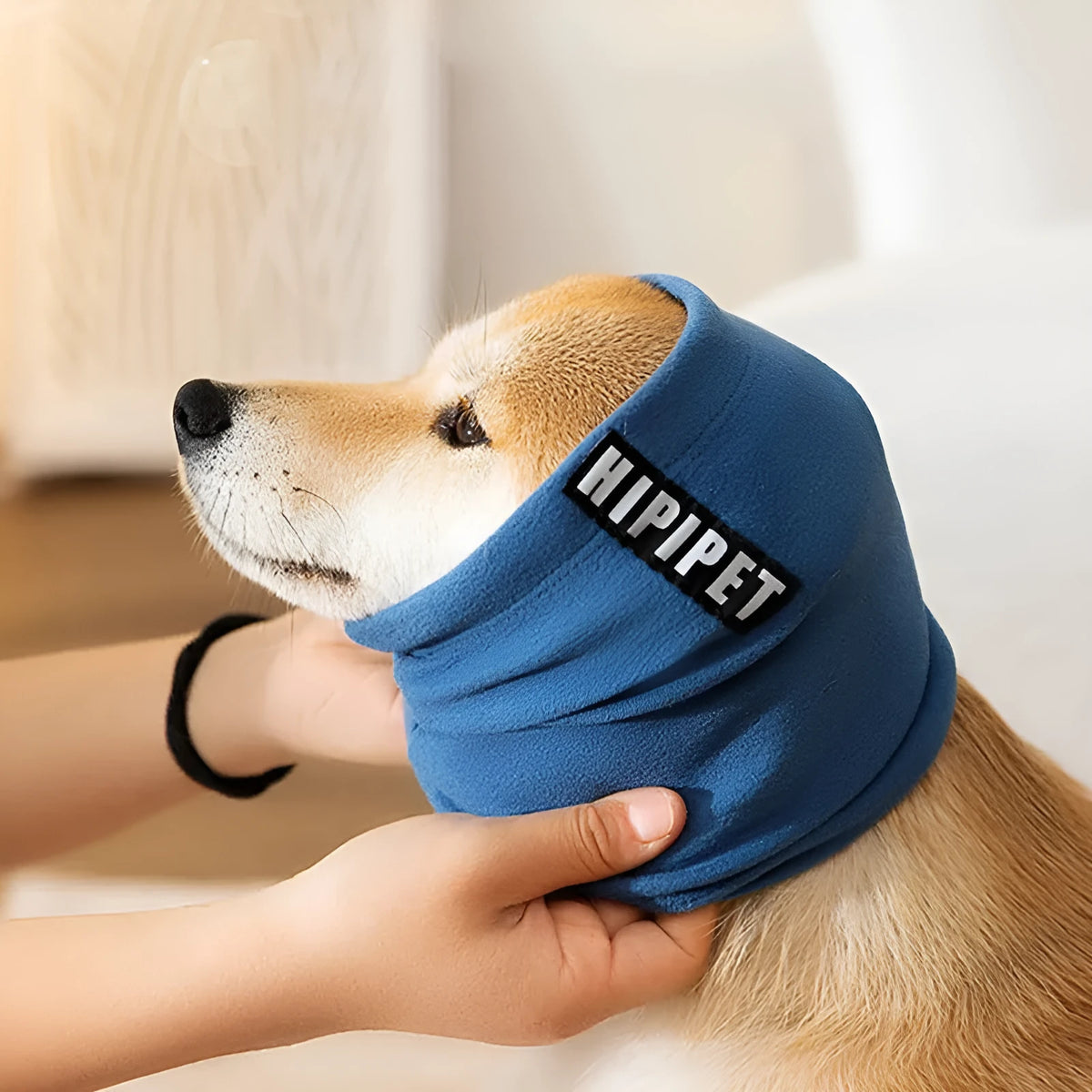 High elastic pet scarf with letter pattern in blue or pink, sizes S M L for small to large pets.