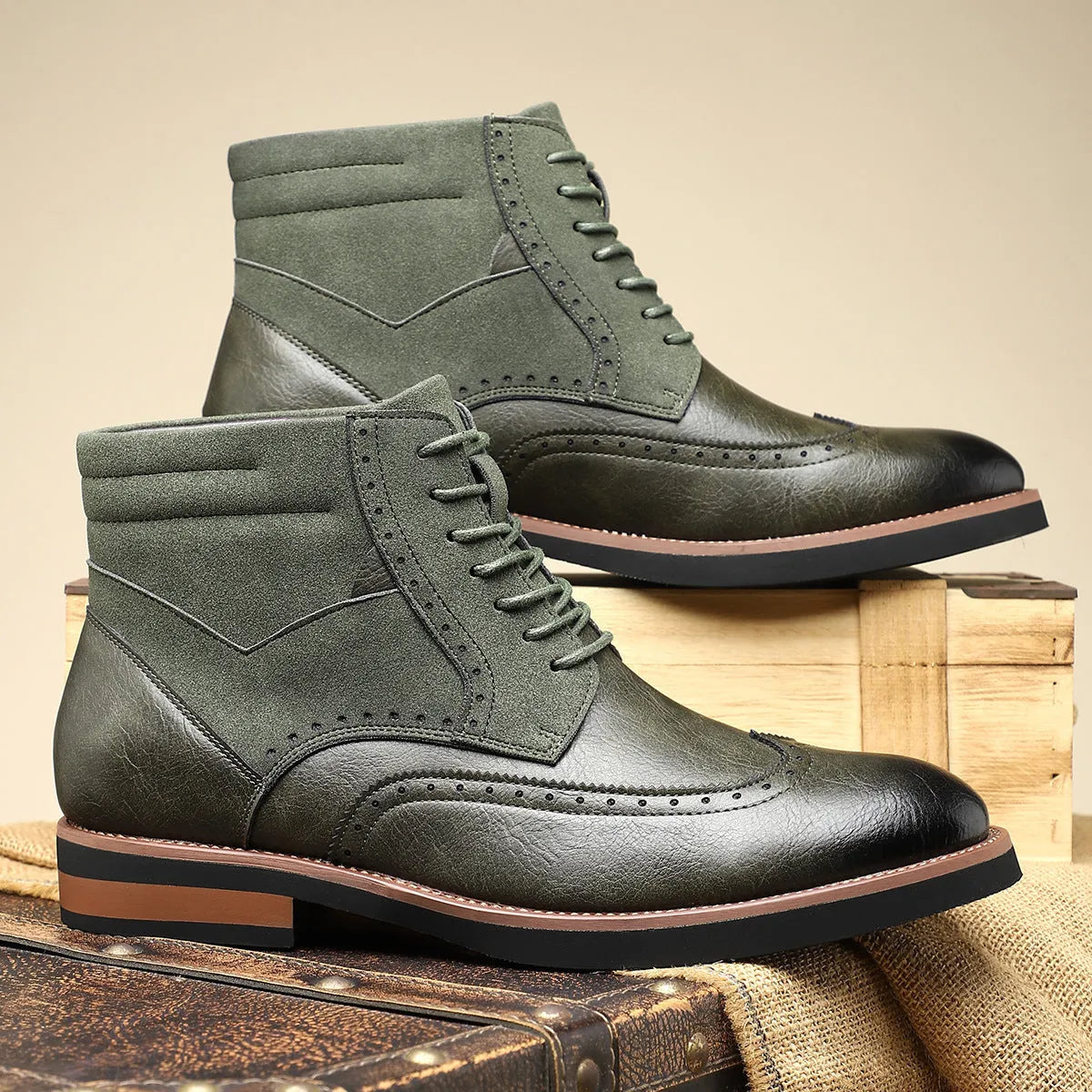 Men's retro Martin boots with carved leather patchwork, block heel, pointed toe, in brown colour