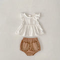 Baby girl creamy-white cotton top and shorts two-piece summer set with short sleeves and lace details