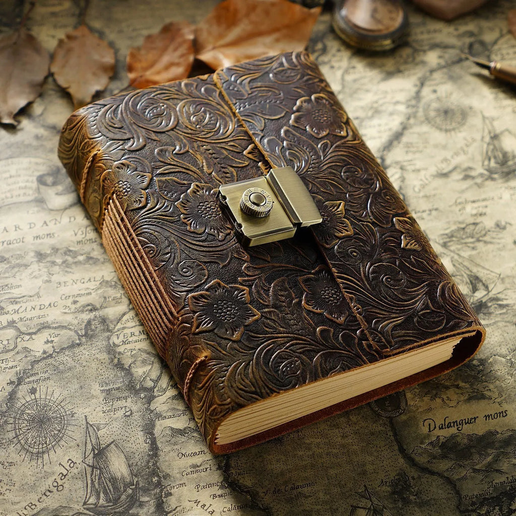 Vintage cowhide leather notebook journal with blank brown paper and retro password book cover in Carved brown or Crazy Horse brown, A5 A6 A7