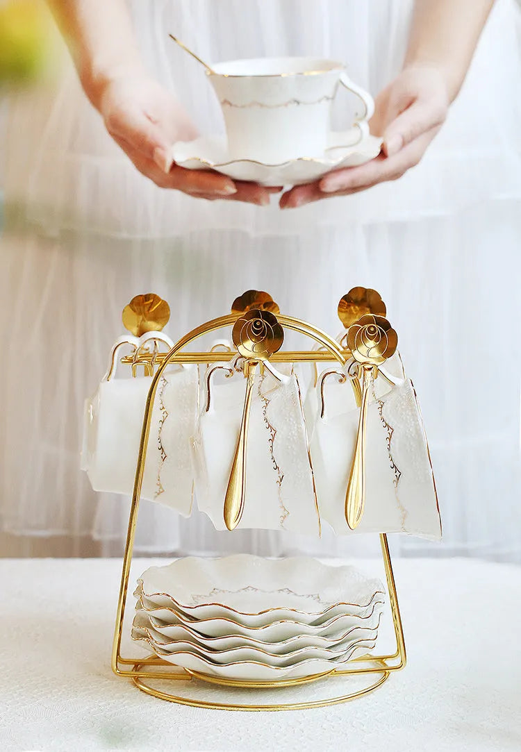 Afternoon tea set with 6 ceramic cups and saucers, borosilicate glass teapot, hand-painted gold, and iron frame spoon holder in gift box