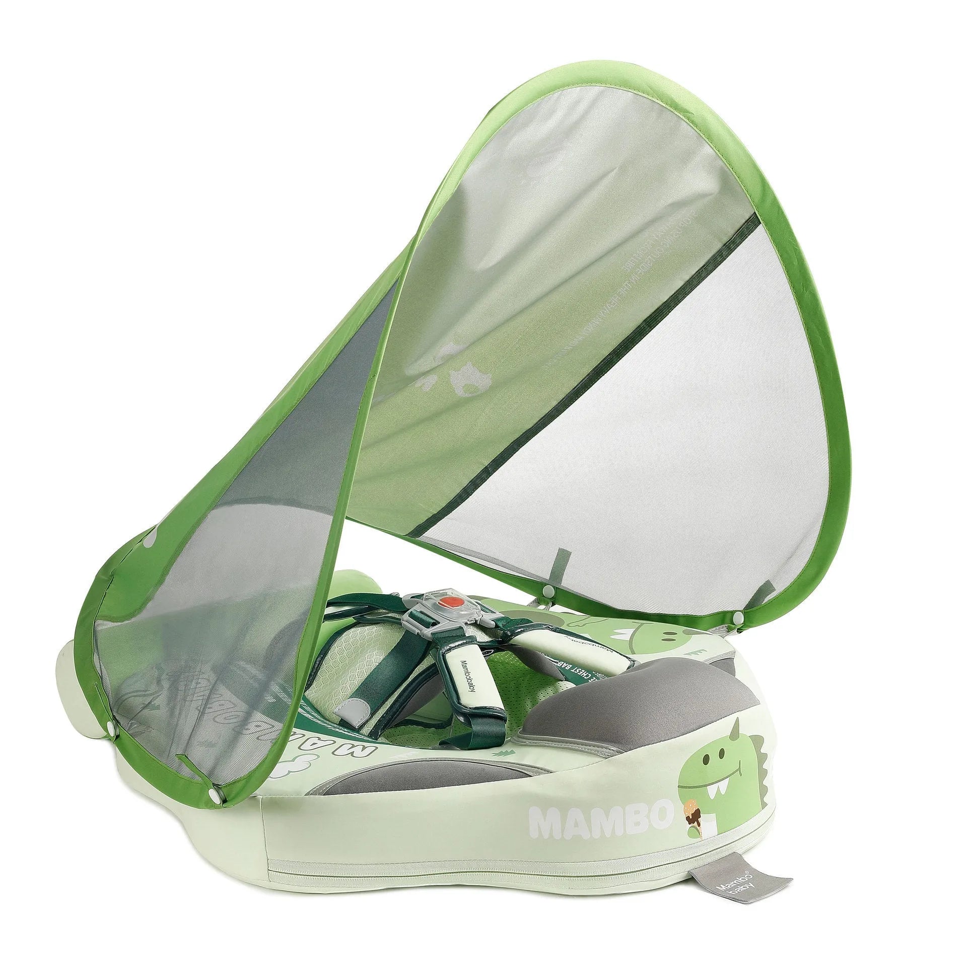 Dinosaur-themed inflatable baby swimming ring with sun shade in green colour
