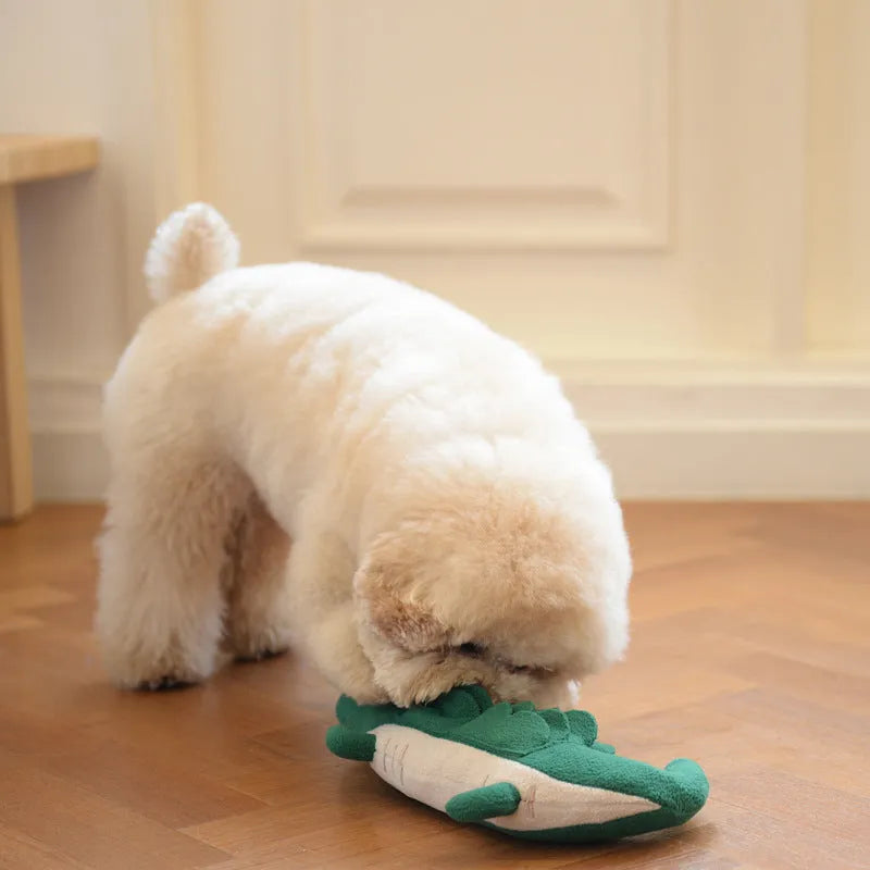 Green plush toy dog measuring 35cm long with soft stuffed animal construction