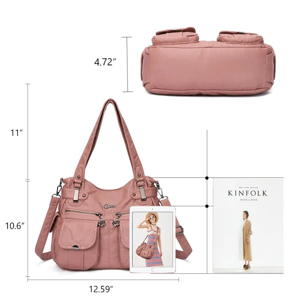 Fashion ladies soft PU leather messenger bag in pink with zipper closure and crossbody strap