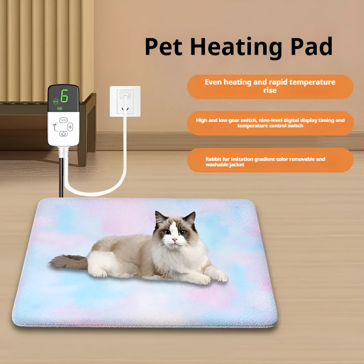 Square pet electric heating pad with tie-dyed rabbit hair cloth cover, waterproof and bite-resistant, for cats and dogs