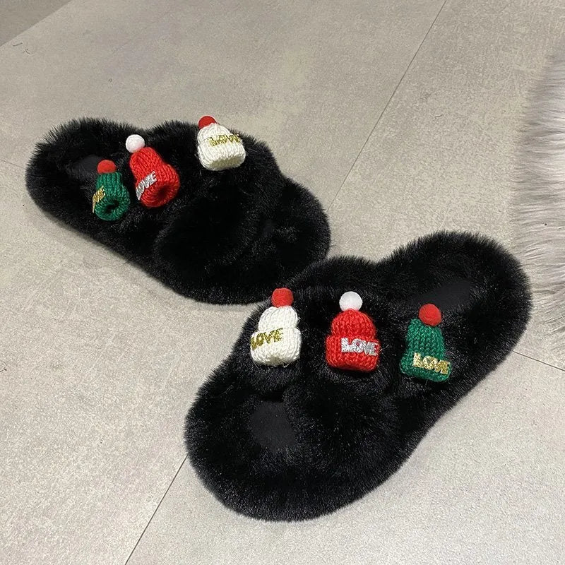Women's festive slippers with Christmas hat decoration on hairy faux plush upper, shown in black, khaki, or white.