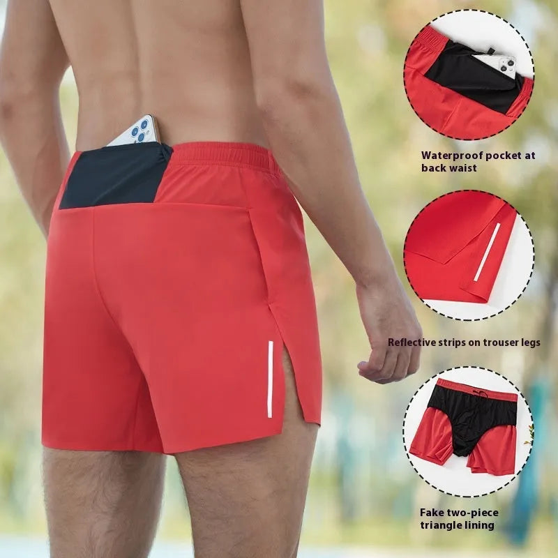 Men's black high-waist running shorts with loose fit and nylon lining for off-road and marathon running.