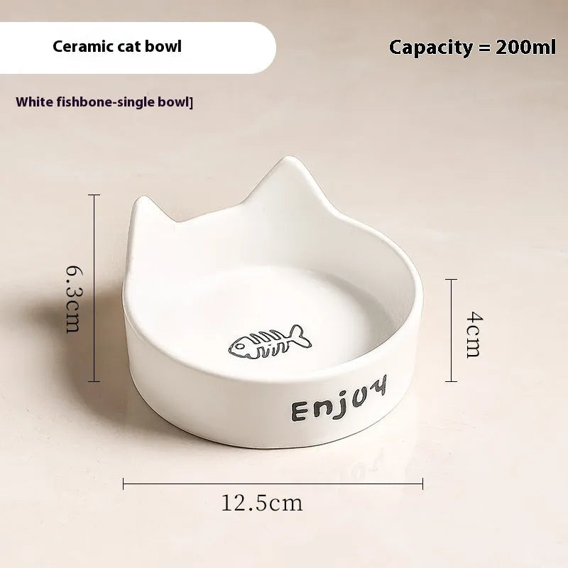 Ceramic cat bowl set with wooden anti-slip frame in cat paw design
