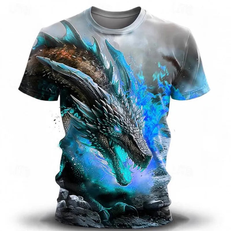 Men's grey T-shirt with a large 3D wind dragon graphic print on the front.