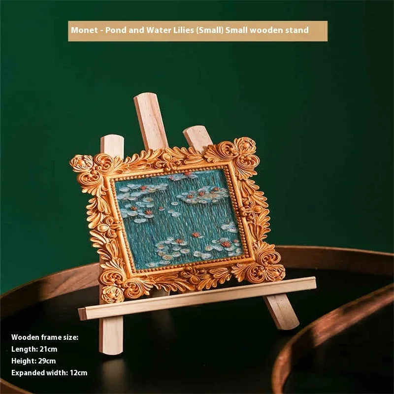 DIY filled oil painting craft kit with epoxy clay base, acrylic paints, and brushes for creating textured Van Gogh or Monet art reproductions.