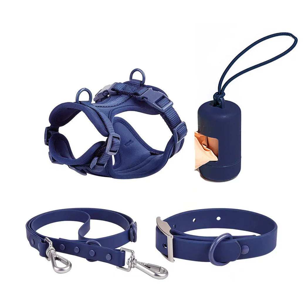 Dog tactical chest back collar set in PVC material with traction rope and harness, available in multiple colours