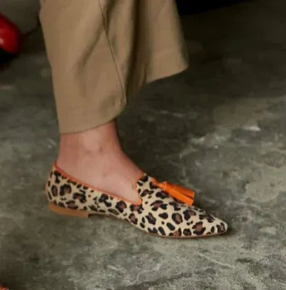Womens pointed toe leopard print loafers with low chunky heel and rhinestone decoration on PU upper