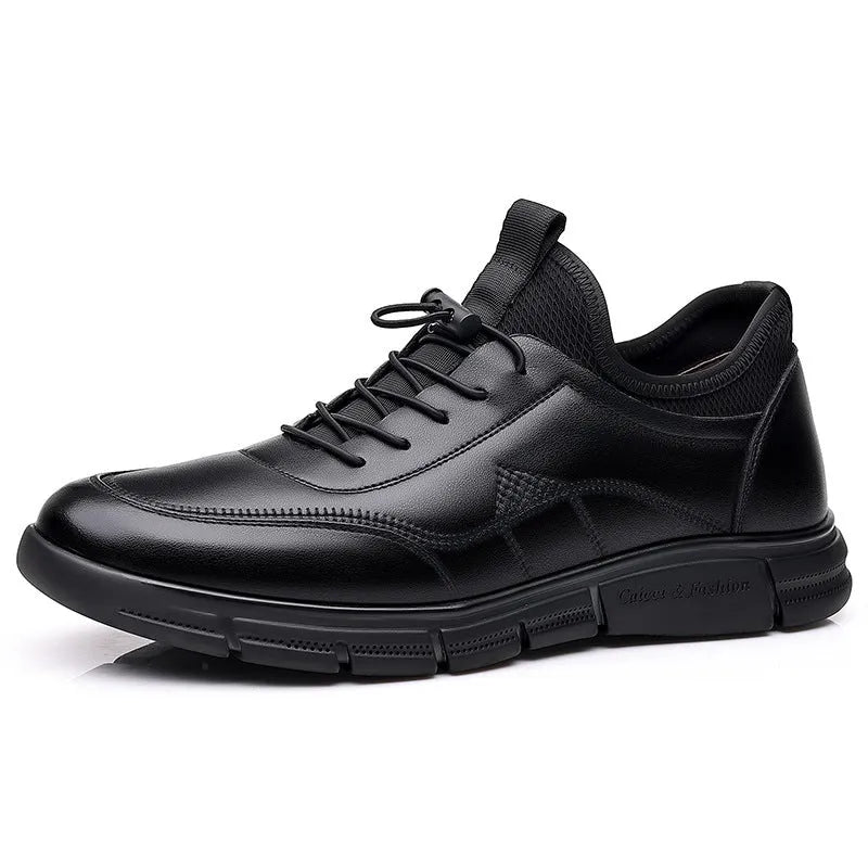 Black men's casual leather shoes with round toe, square heel, and leather stitching detail.