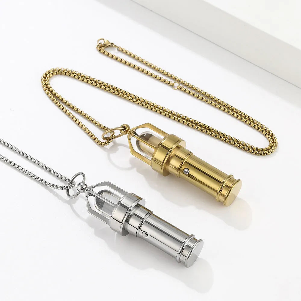 Titanium steel lighthouse flashlight key pendant necklace, unisex sports style, gold or steel colour, square pearl chain