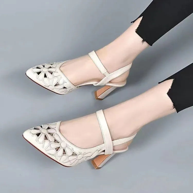 Women's pointed toe high heel sandals with hollowed design in red, black and creamy-white colours