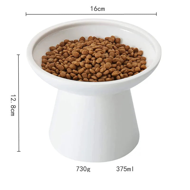 Elevated ceramic cat bowl in blue with wide shallow dish on weighted base