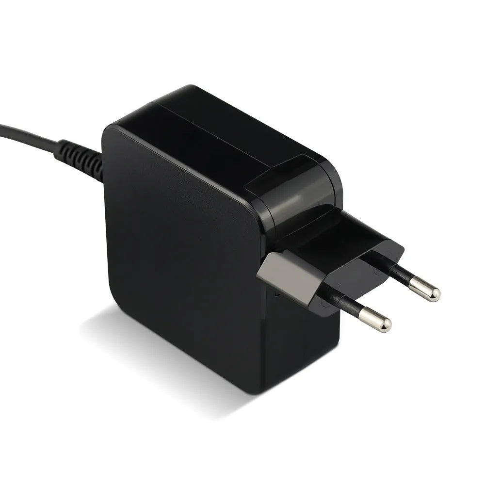 Black 45W laptop power adapter with EU and US plug attachments and a DC charging cable.