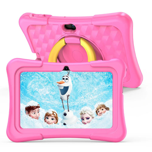 Blue 7-inch children's tablet with a silicone protective cover and a white rotating handle bracket attached.