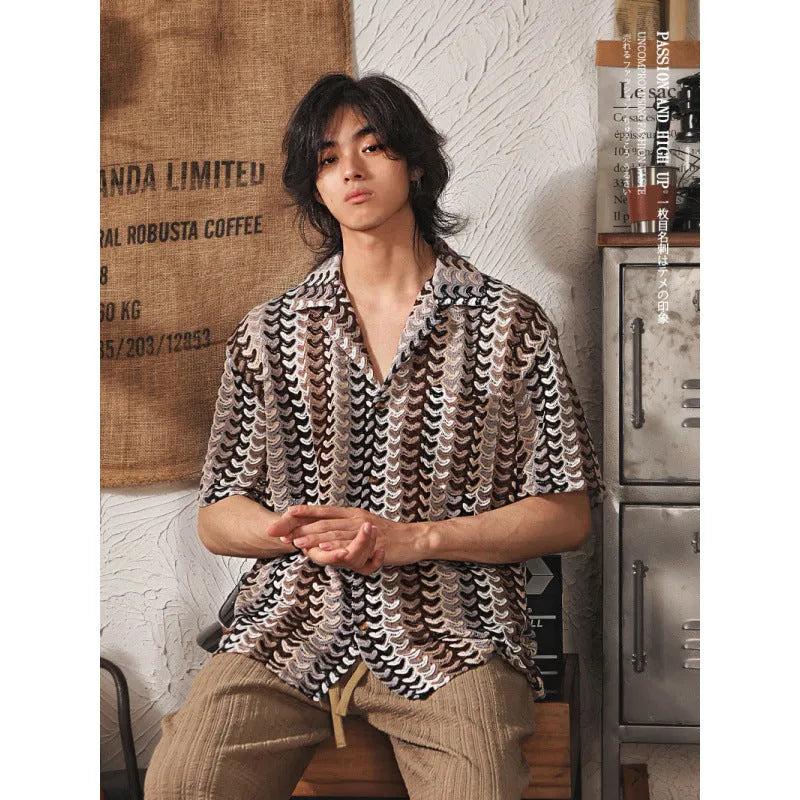 Grey short sleeve shirt with Japanese Cuban collar and hollow jacquard pattern, slim fit for plus sizes.
