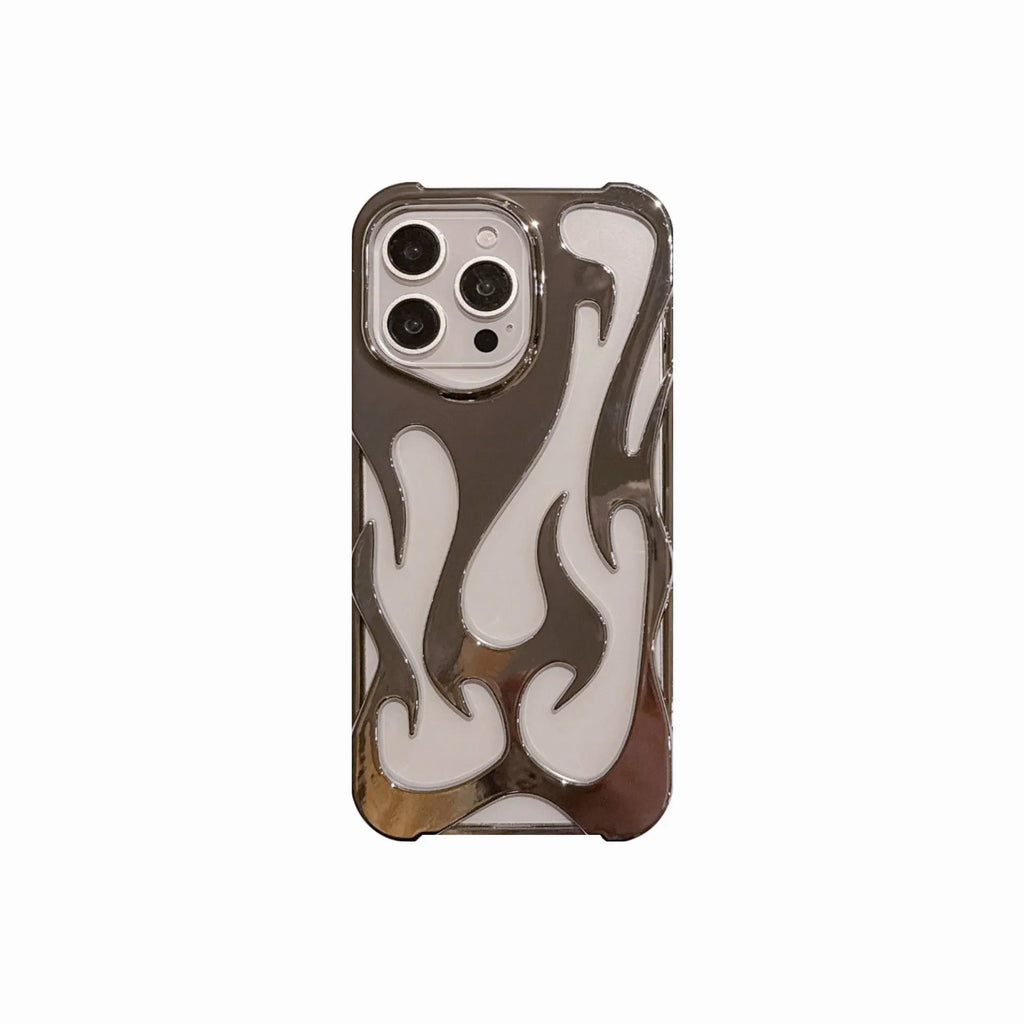 Electroplated hollow flame pattern phone case for iPhone on a table, showing silver metallic finish and cut-out design.