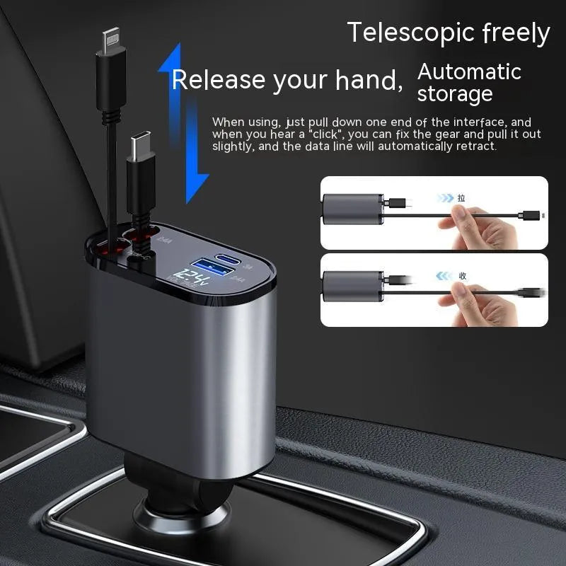 Metal car charger with retractable cable and adjustable head, USB and Type-C ports, 100W fast charging