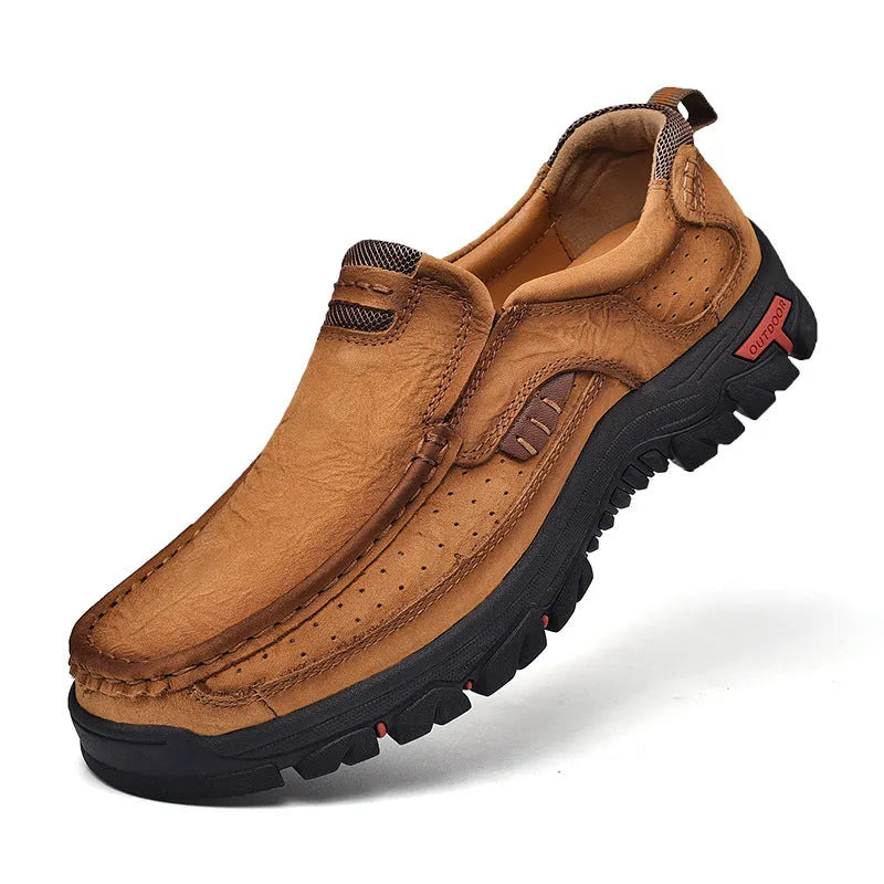 Men's leather large size casual shoes in brown, low top, flat heel, rubber sole, sizes 38-50