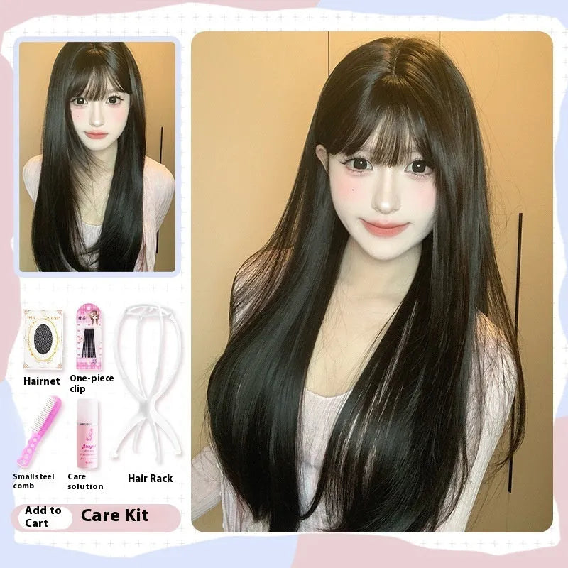 Dark brown synthetic long straight wig with fringe for women with round face shapes