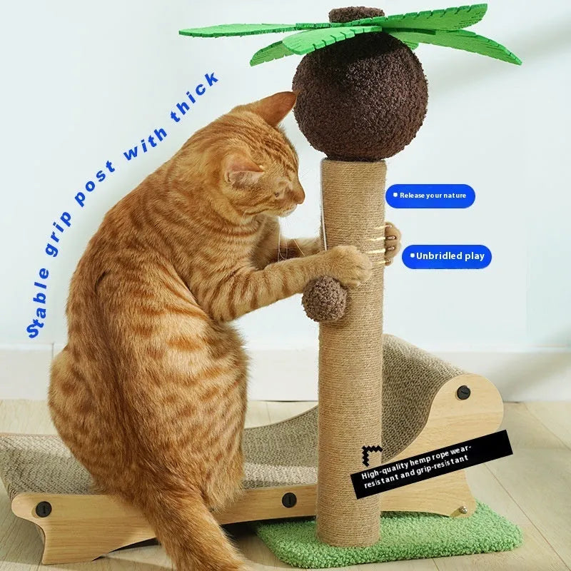 Wooden beach chair style cat climbing frame with integrated scratch board and raised cat bed.