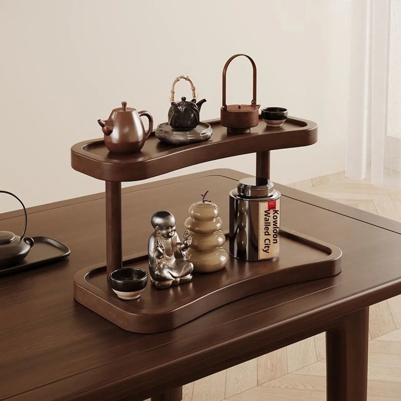 Two-layer bamboo cup storage rack with thickening finish on a tabletop, available in large or small size, portable and creative style.