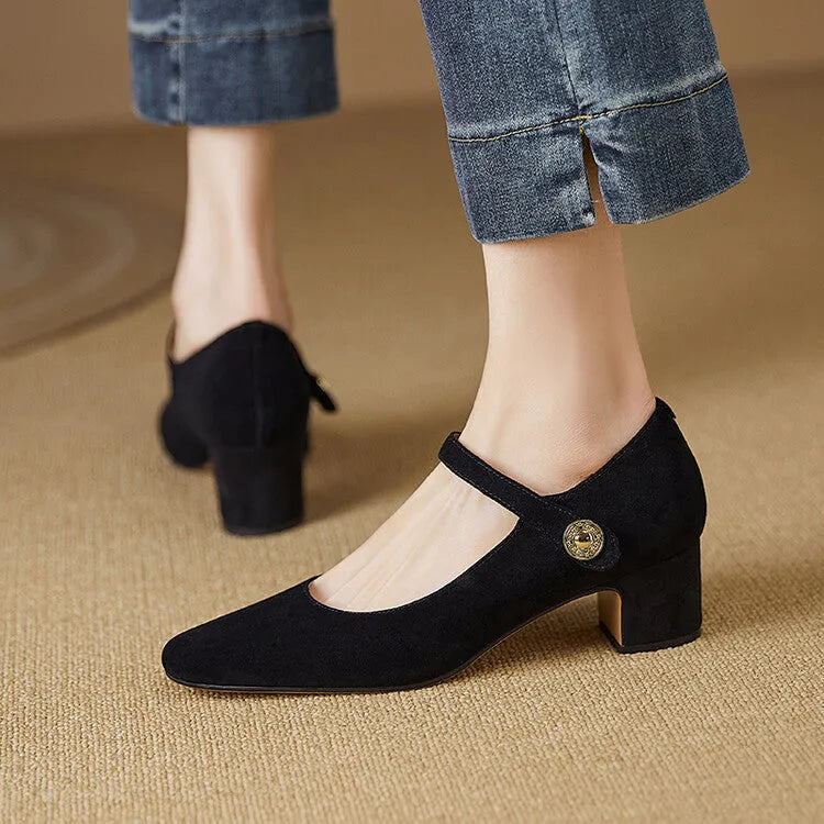 Black and dark green suede women's Mary Jane pumps with a chunky heel and square toe.