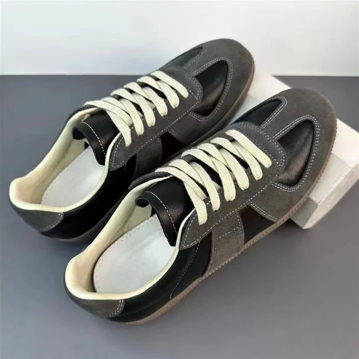 Genuine leather low top round toe lace-up sneakers for men in white with rubber sole