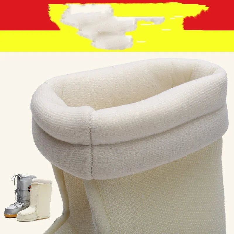 White fur winter space boots for women with fleece lining, mid-top, 2cm flat heel and PE sole