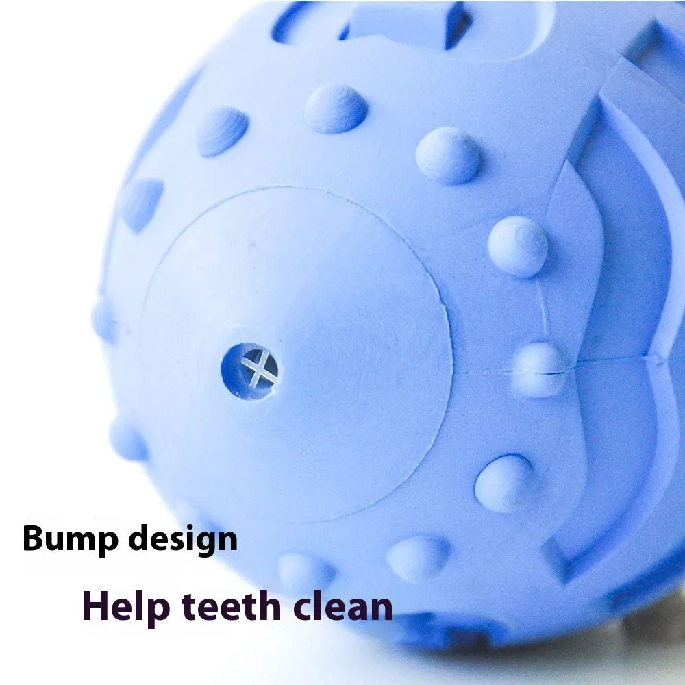 Sapphire blue rubber dog training ball with rugby shape for interactive play and teeth cleaning