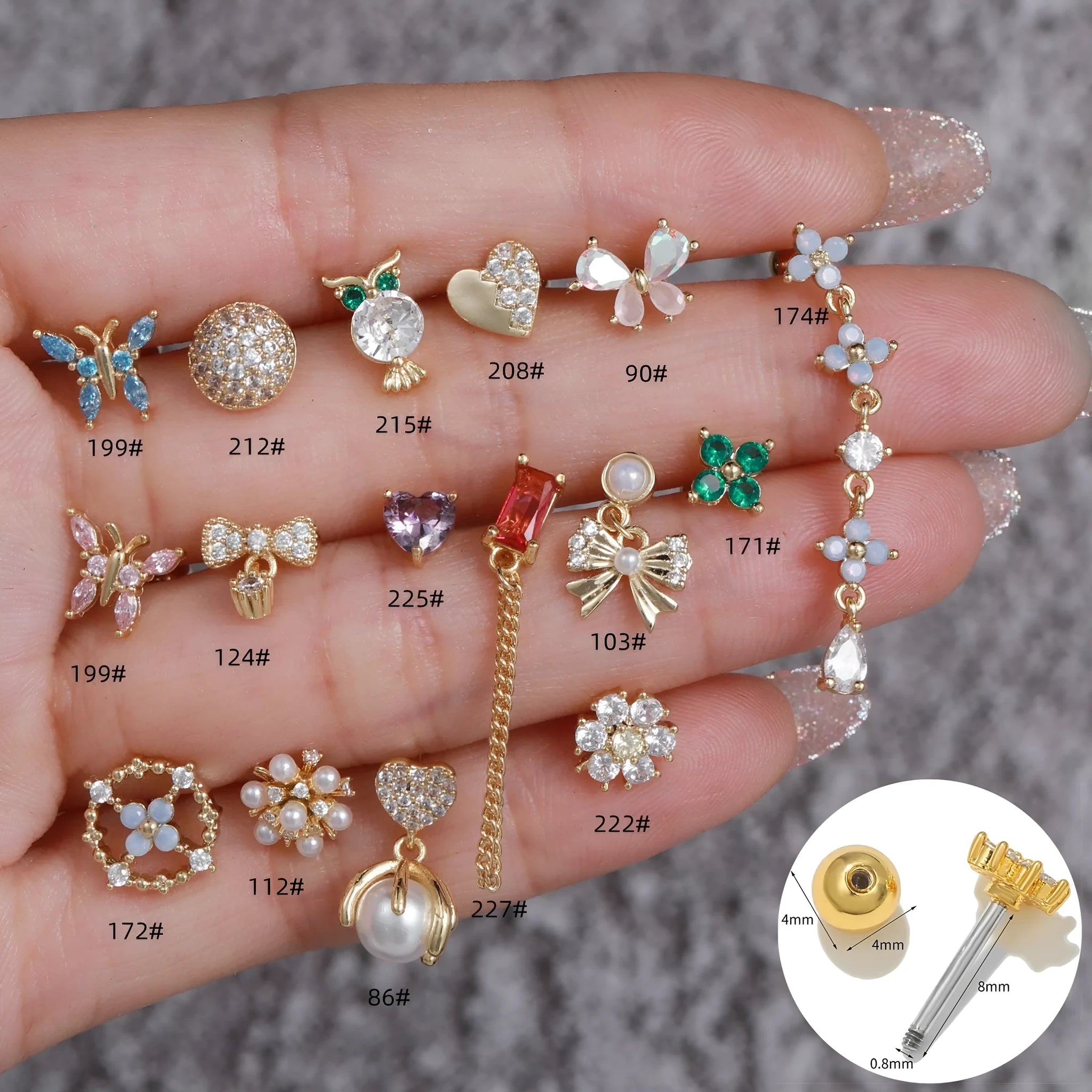 Korean-style tassel flower screw ball ear cartilage piercing in brass with floral design