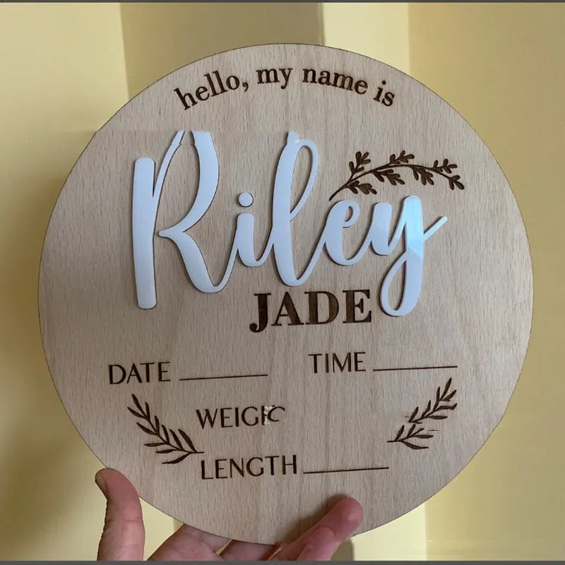 Square plywood newborn name label for birth announcements, 15x15cm, showing three style options.