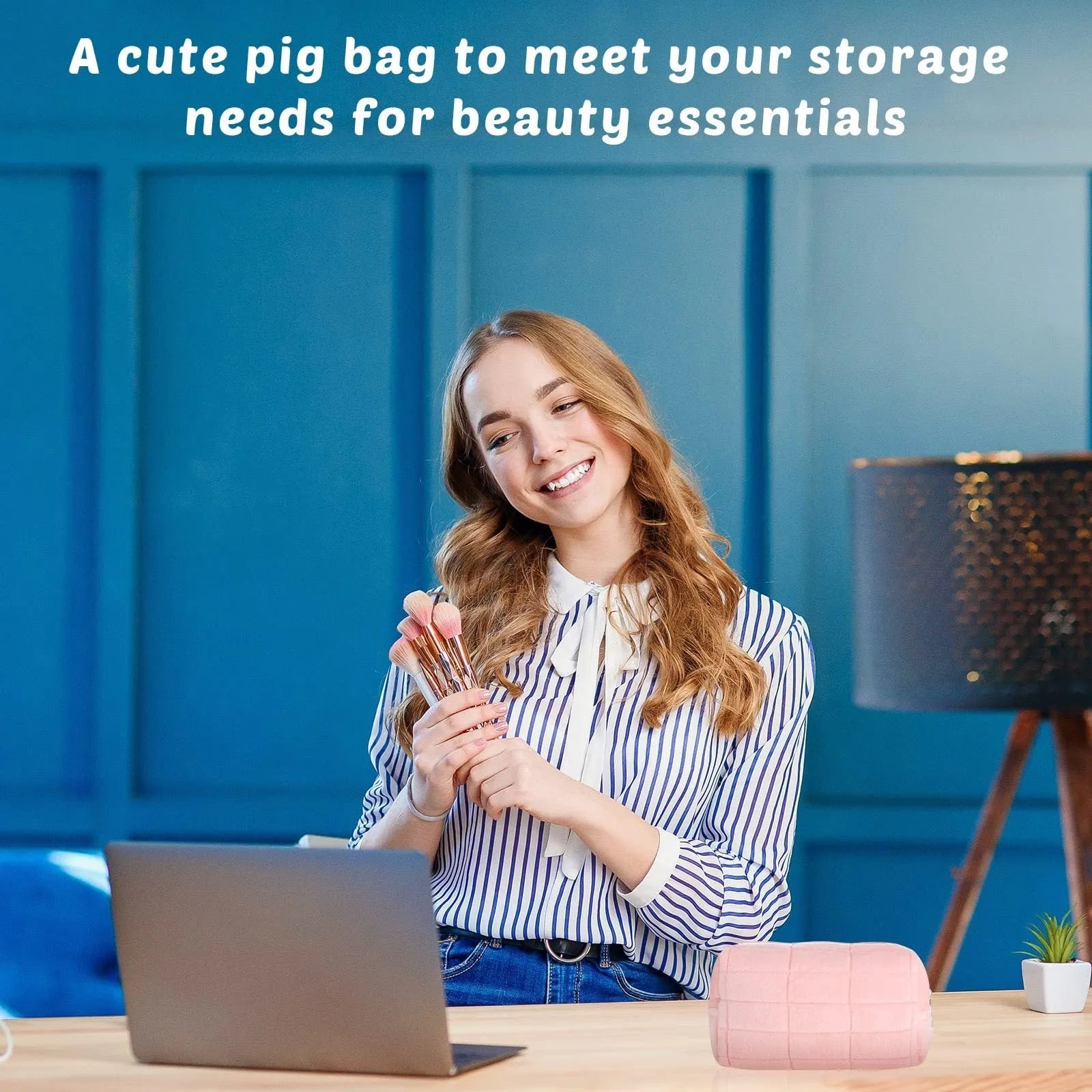 Three plush makeup bags in pink, white, and blue with zippers, laid flat showing front