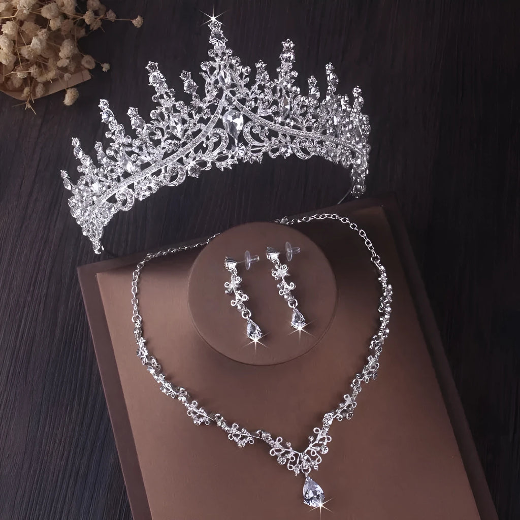 Silver crystal drop bridal jewellery set with natural zircon crown and matching pieces