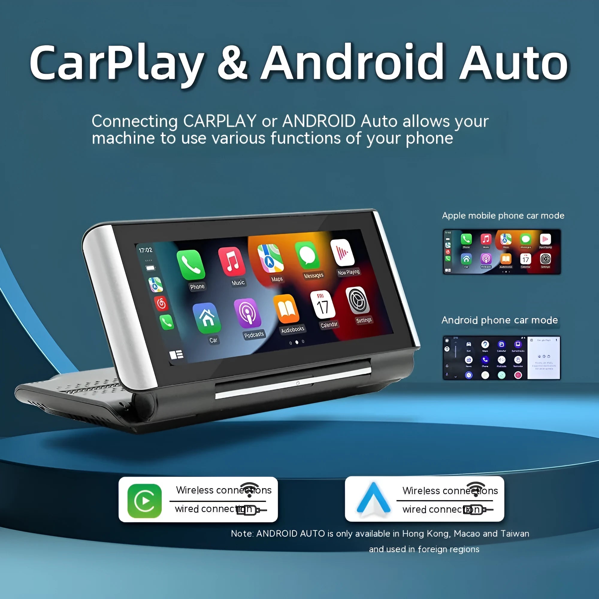 6.86 inch dashboard-mounted car MP5 player with wireless CarPlay on a black plastic unit.