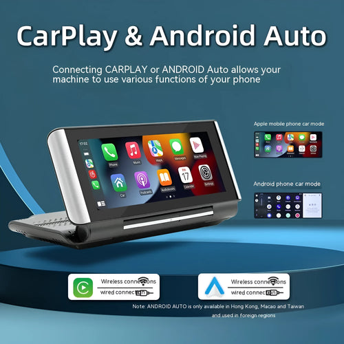 6.86 inch dashboard-mounted car MP5 player with wireless CarPlay on a black plastic unit.