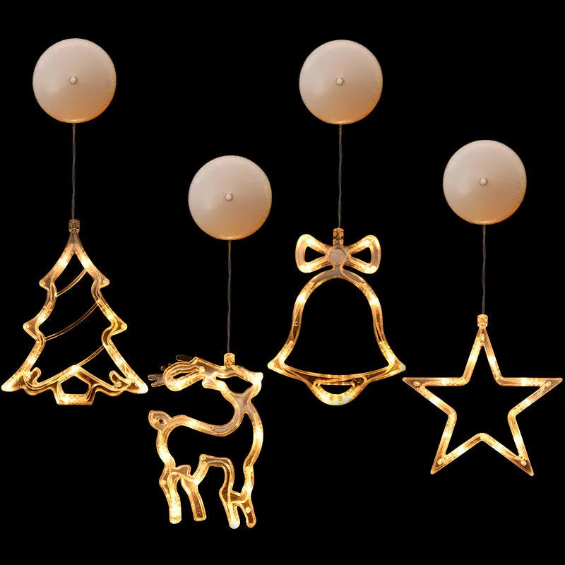 Christmas LED decorative light with suction cup showing Santa Claus, elk and snowman designs on window