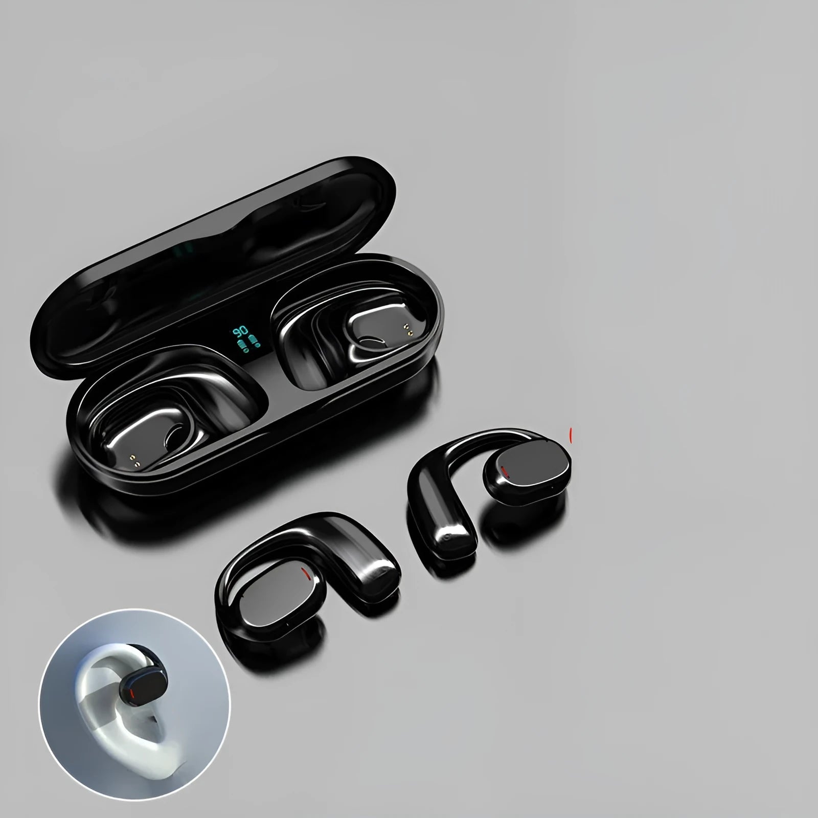 Black wireless Bluetooth earplug headset with charging case showing stereo earpieces