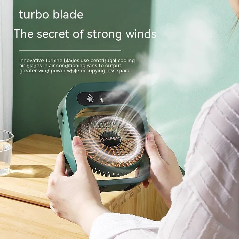 USB misting fan and humidifier in green or white, with three wind speeds and adjustable direction
