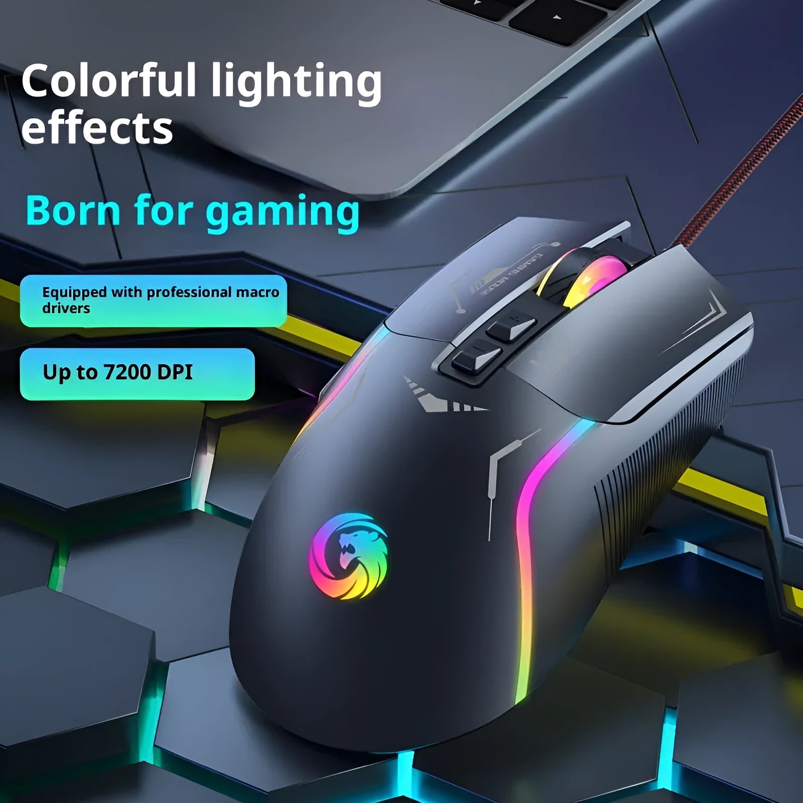 Wired gaming mouse in black with optical sensor, 128x68x45mm dimensions and 1.5m cable